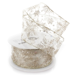 2 1/2" Wired Ribbon Glitter Snowflakes Sheer Ivory/Gold