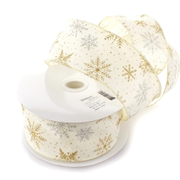 2 1/2" Wired Ribbon Gold/Silver Glitter Snowflakes Cream