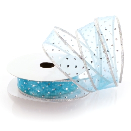 1 1/2" Wired Metallic Banded Edge Sheer Glitter Dots Turquoise/Silver