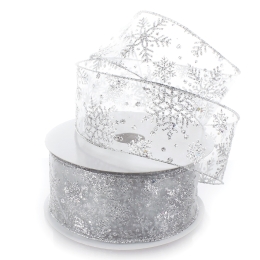 2 1/2" Wired Ribbon Glitter Snowflakes Sheer Silver