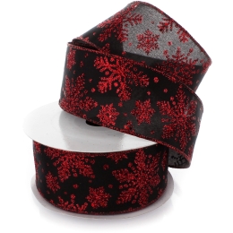 2 1/2" Wired Ribbon Glitter Snowflakes Satin Black/Red