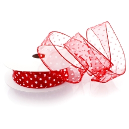 1 1/2" Wired Sheer w/ White Flocked Polka Dots Red