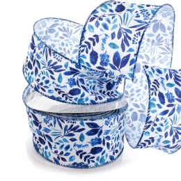 2 1/2" Wired Ribbon Blue Watercolor Foliage