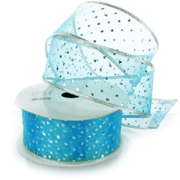 2 1/2" Wired Ribbon Metallic Banded Edge Sheer Glitter Dots Turquoise/Silver