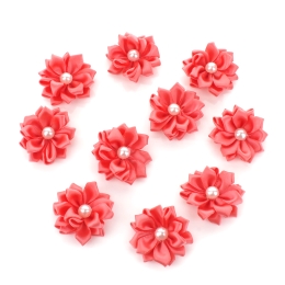 1.5" Satin Ribbon Flowers with Pearl 10-Pack