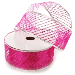 2 1/2" Wired Ribbon Metallic Banded Edge Sheer Diagonal Stripes Hot Pink/Silver