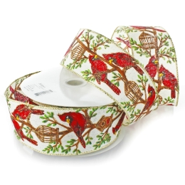 2 1/2" Wired Ribbon Red Cardinal Birdhouse on Cream