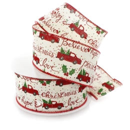 2 1/2" Wired Ribbon Holiday Red Truck Cream