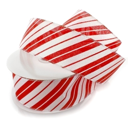 2 1/2" Wired Ribbon Red/White Shimmer Candy Cane
