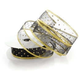 1 1/2" Wired Ribbon Metallic Banded Edge Sheer Glitter Dots Black/Gold