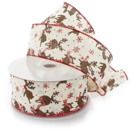 2 1/2" Wired Ribbon Flying Reindeer Cream