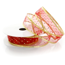 1 1/2" Wired Ribbon Metallic Banded Edge Sheer Glitter Dots Red/Gold