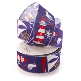 2 1/2" Wired Ribbon Nautical Seaside Mix Navy